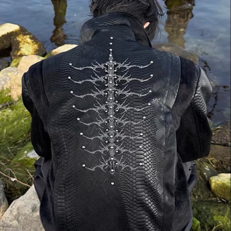 Men Black Snake Embossed Jacke - Streetwear Zipper review and price