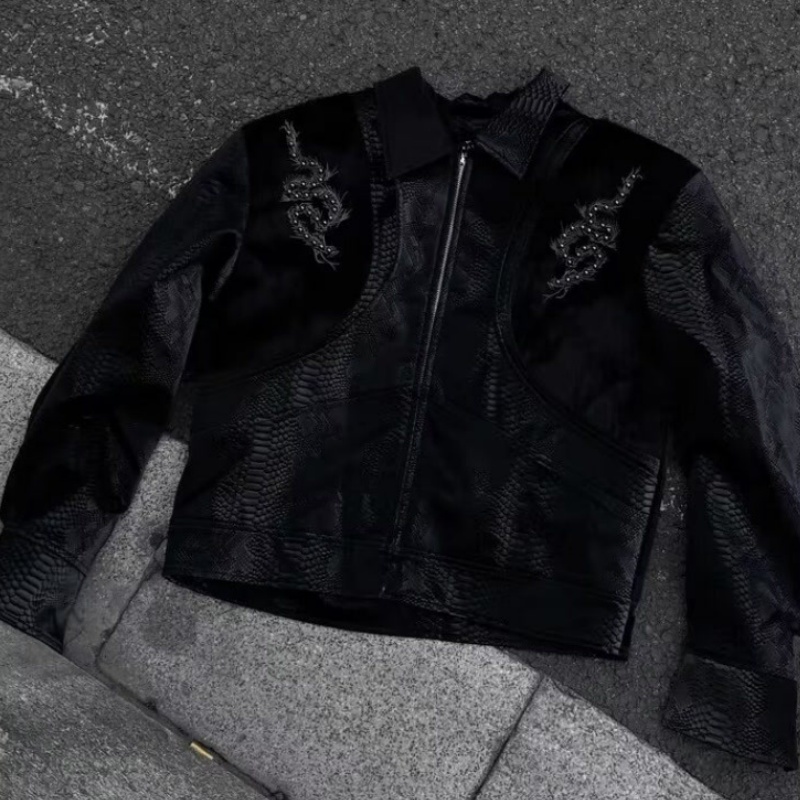 Men Black Snake Embossed Jacke - Streetwear Zipper review and price